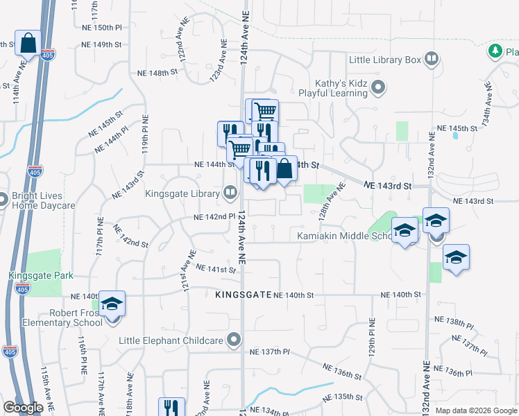 map of restaurants, bars, coffee shops, grocery stores, and more near 12423 Northeast 143rd Street in Kirkland