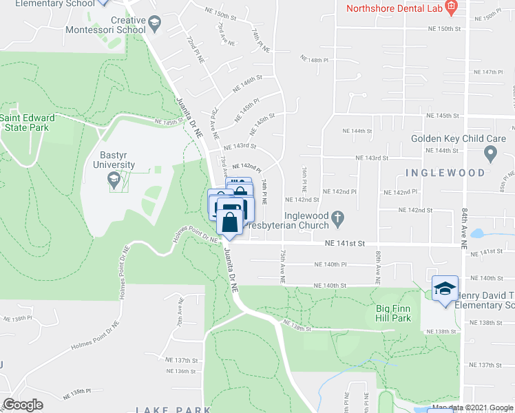 map of restaurants, bars, coffee shops, grocery stores, and more near 14142 73rd Place Northeast in Kirkland