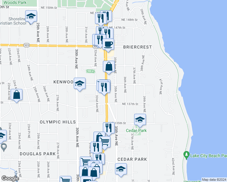 map of restaurants, bars, coffee shops, grocery stores, and more near 13758 Lake City Way Northeast in Seattle