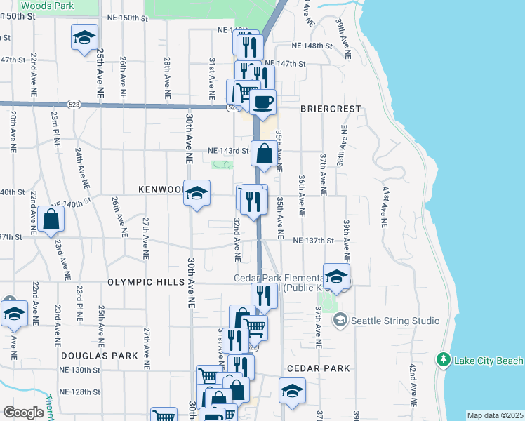 map of restaurants, bars, coffee shops, grocery stores, and more near 13758 Lake City Way Northeast in Seattle