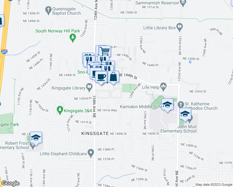 map of restaurants, bars, coffee shops, grocery stores, and more near 14312 126th Avenue Northeast in Kirkland