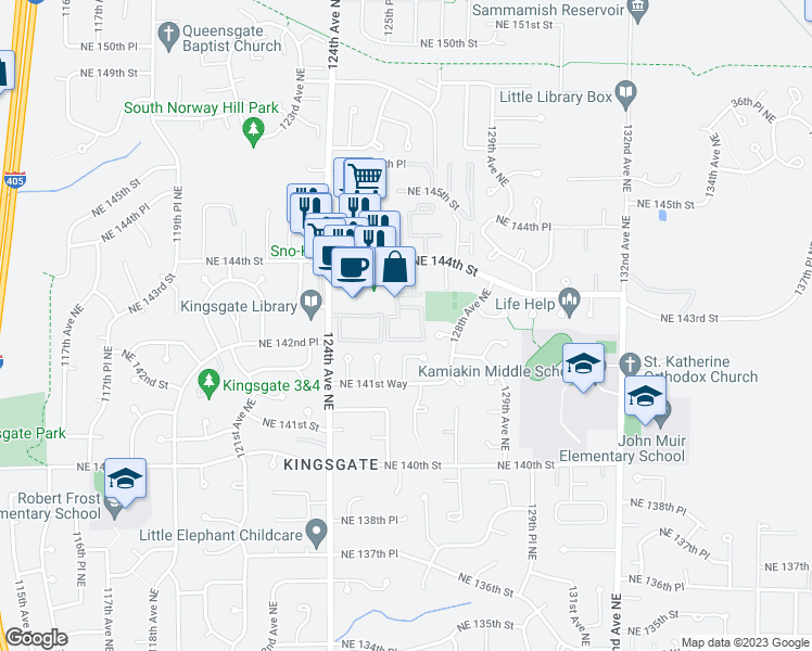 map of restaurants, bars, coffee shops, grocery stores, and more near 14310 126th Avenue Northeast in Kirkland