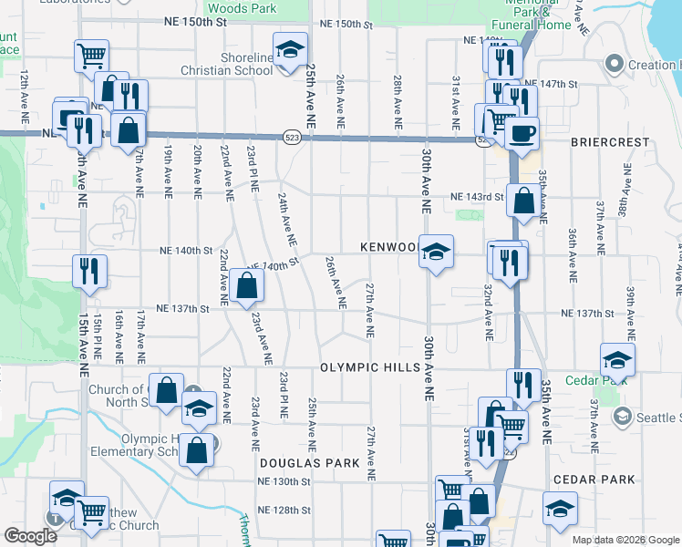 map of restaurants, bars, coffee shops, grocery stores, and more near 2603 Northeast 140th Street in Seattle