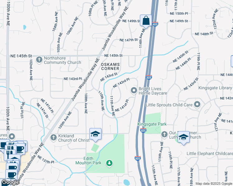 map of restaurants, bars, coffee shops, grocery stores, and more near 14258 111th Avenue Northeast in Kirkland