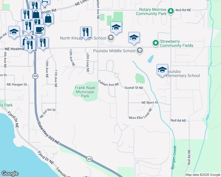 map of restaurants, bars, coffee shops, grocery stores, and more near 18372 Mount Townsend Drive Northeast in Poulsbo