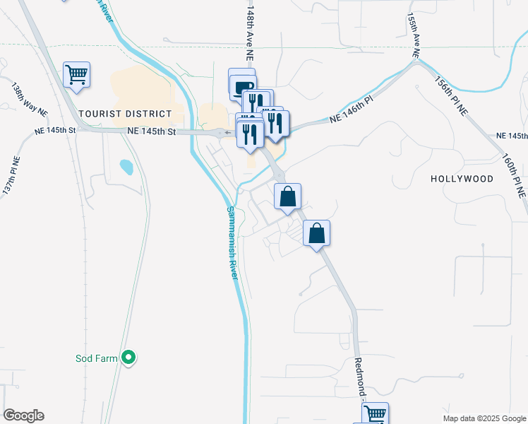 map of restaurants, bars, coffee shops, grocery stores, and more near 148th Place Northeast in Woodinville