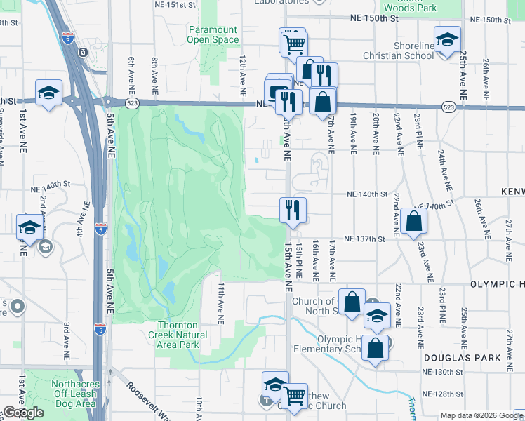 map of restaurants, bars, coffee shops, grocery stores, and more near 1221 Northeast 140th Street in Seattle