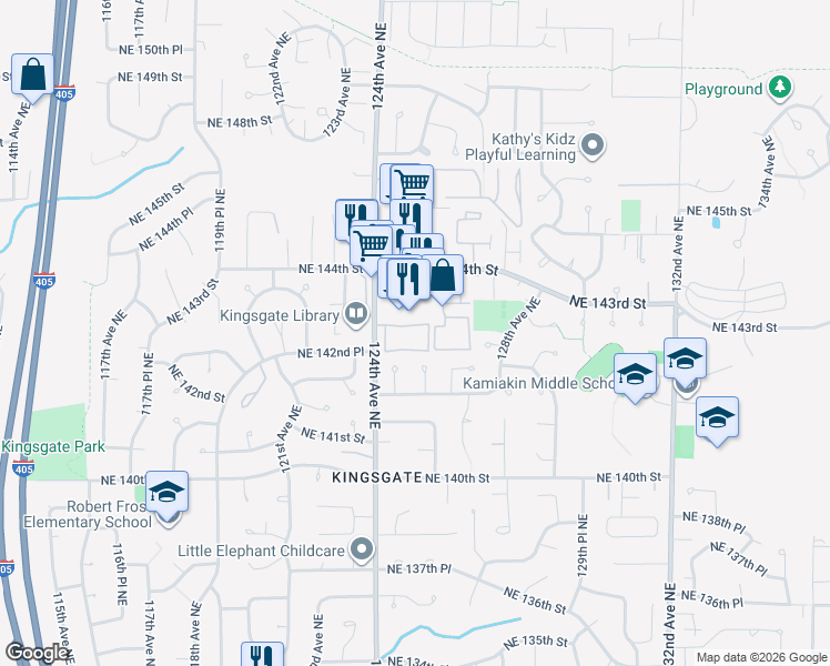 map of restaurants, bars, coffee shops, grocery stores, and more near 14324 124th Avenue Northeast in Kirkland