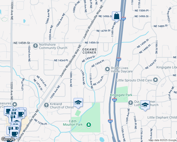 map of restaurants, bars, coffee shops, grocery stores, and more near 14236 110th Avenue Northeast in Kirkland