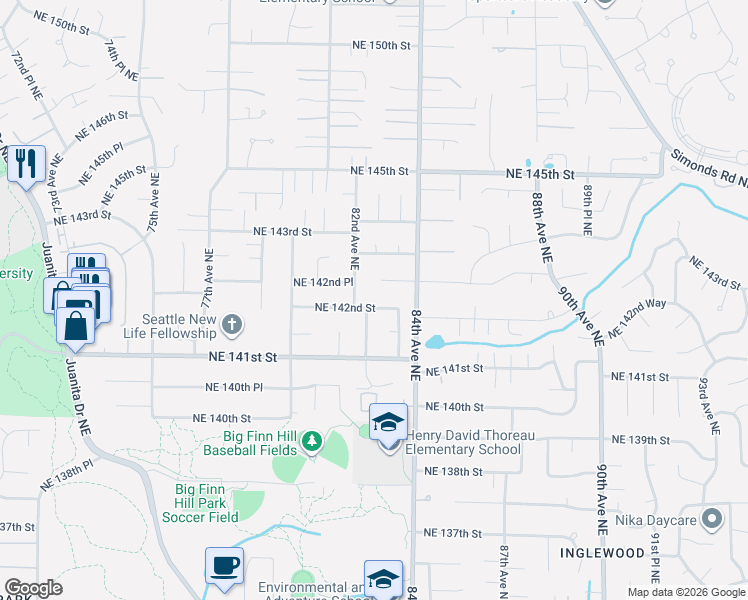 map of restaurants, bars, coffee shops, grocery stores, and more near 8311 Northeast 143rd Street in Kirkland