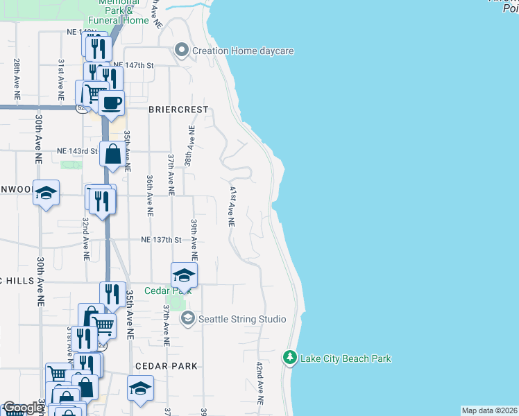 map of restaurants, bars, coffee shops, grocery stores, and more near 14010 41st Avenue Northeast in Seattle