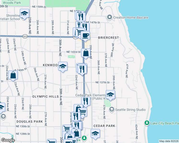 map of restaurants, bars, coffee shops, grocery stores, and more near 13758 Lake City Way Northeast in Seattle