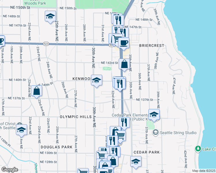 map of restaurants, bars, coffee shops, grocery stores, and more near 3029 Northeast 140th Street in Seattle
