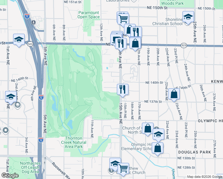 map of restaurants, bars, coffee shops, grocery stores, and more near 1221 Northeast 140th Street in Seattle