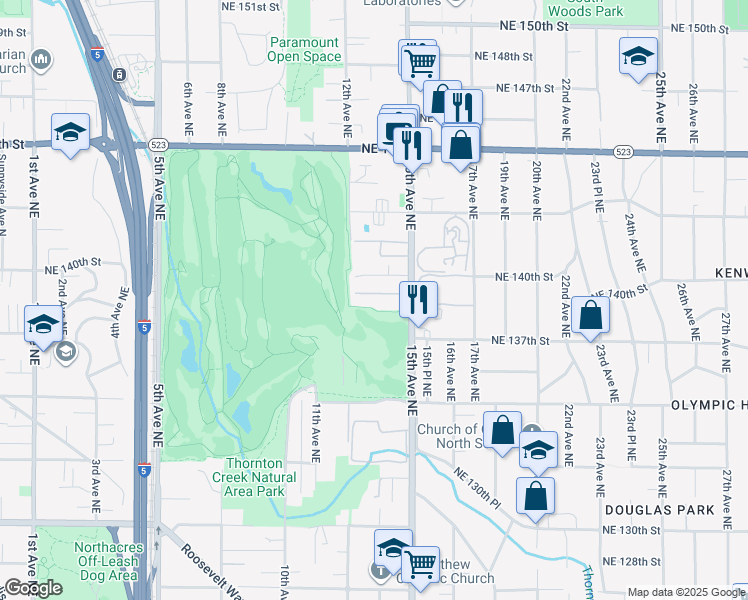map of restaurants, bars, coffee shops, grocery stores, and more near 1221 Northeast 140th Street in Seattle