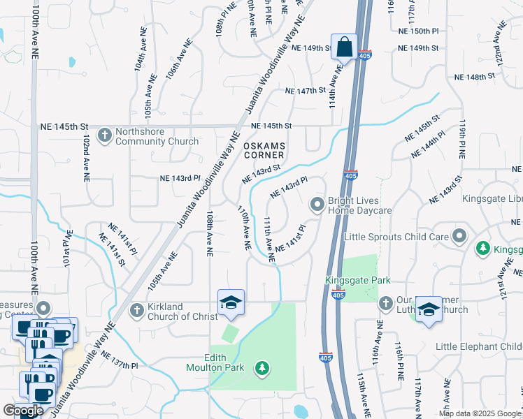 map of restaurants, bars, coffee shops, grocery stores, and more near 14236 110th Avenue Northeast in Kirkland