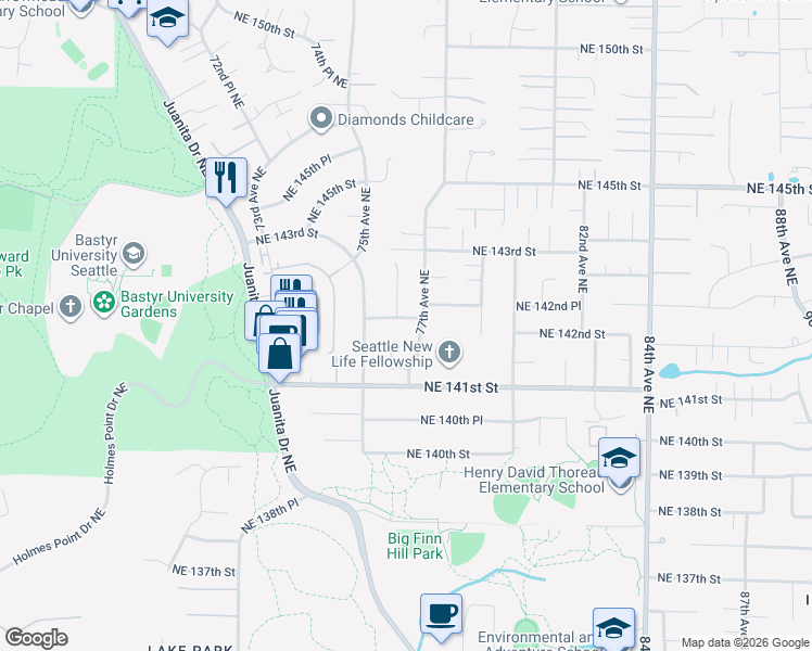 map of restaurants, bars, coffee shops, grocery stores, and more near 14205 76th Place Northeast in Kirkland