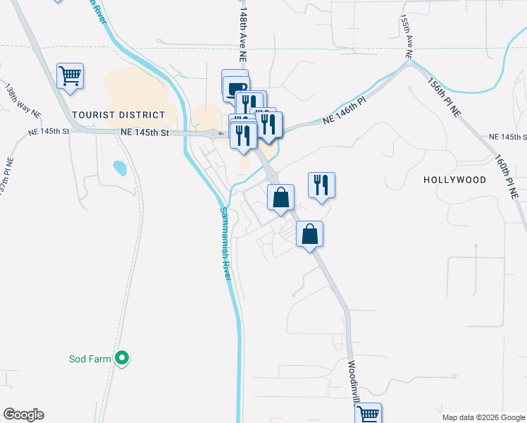 map of restaurants, bars, coffee shops, grocery stores, and more near 14319 149th Place Northeast in Woodinville