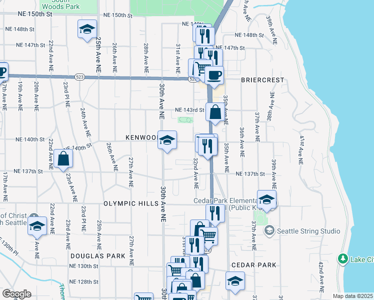 map of restaurants, bars, coffee shops, grocery stores, and more near 3029 Northeast 140th Street in Seattle