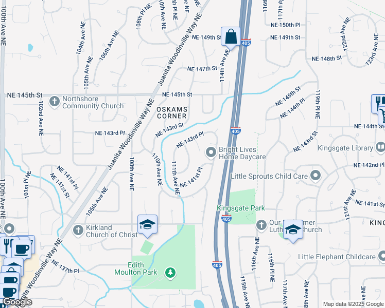 map of restaurants, bars, coffee shops, grocery stores, and more near 14249 112th Place Northeast in Kirkland