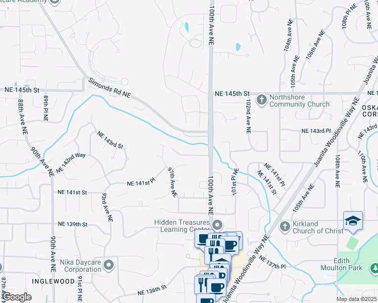 map of restaurants, bars, coffee shops, grocery stores, and more near 9816 Northeast 142nd Place in Kirkland