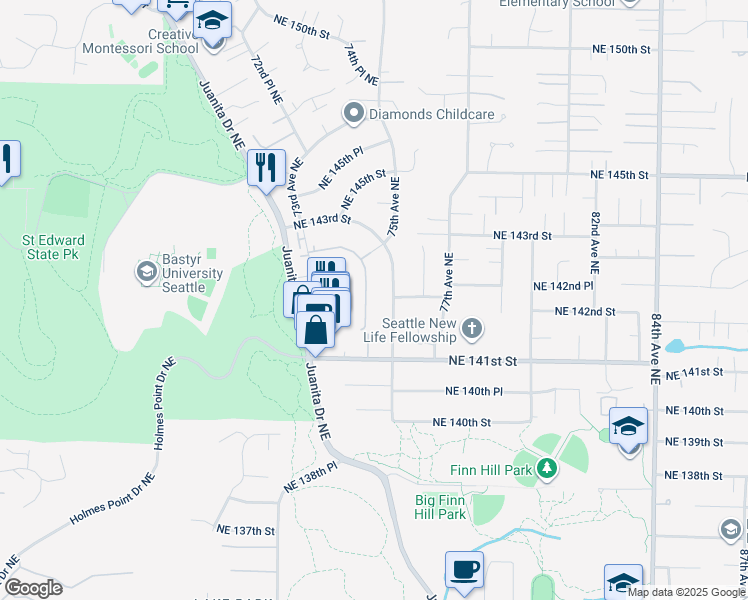 map of restaurants, bars, coffee shops, grocery stores, and more near 14201 75th Avenue Northeast in Kirkland