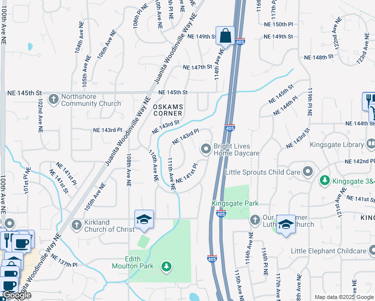 map of restaurants, bars, coffee shops, grocery stores, and more near 14249 112th Place Northeast in Kirkland