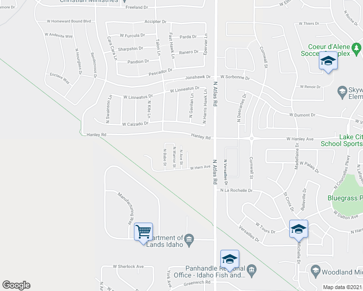 map of restaurants, bars, coffee shops, grocery stores, and more near 6360 North Ace Street in Coeur d'Alene