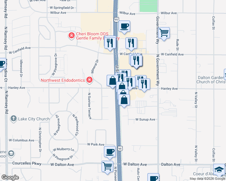 map of restaurants, bars, coffee shops, grocery stores, and more near 430 West Hanley Avenue in Coeur d'Alene