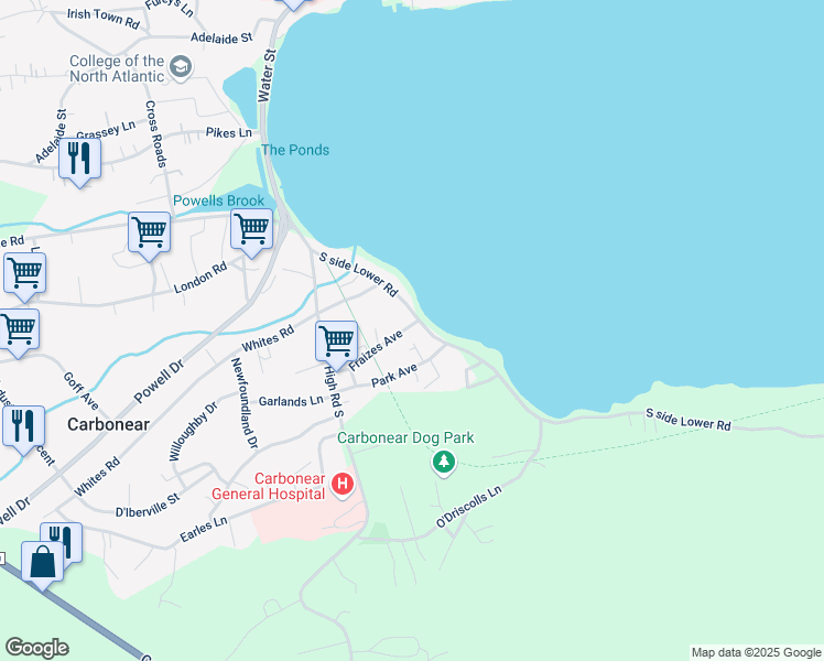 map of restaurants, bars, coffee shops, grocery stores, and more near 1 Fraizes Avenue in Carbonear