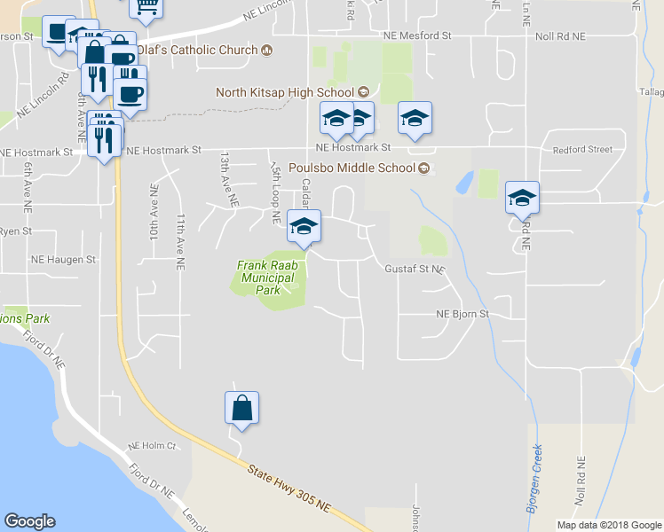 map of restaurants, bars, coffee shops, grocery stores, and more near 18372 Mount Townsend Drive Northeast in Poulsbo