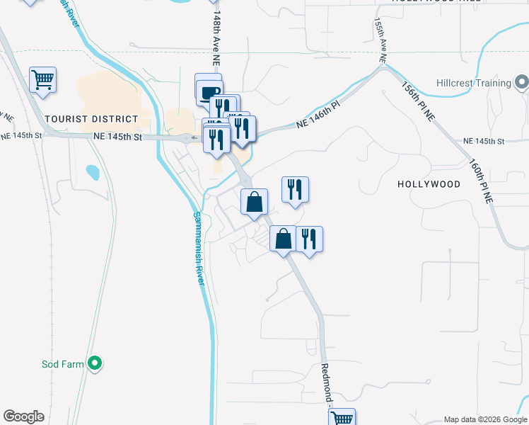map of restaurants, bars, coffee shops, grocery stores, and more near 14289 Redmond - Woodinville Road Northeast in Redmond