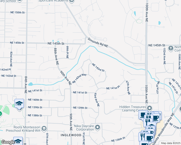 map of restaurants, bars, coffee shops, grocery stores, and more near 14248 92nd Place Northeast in Kirkland