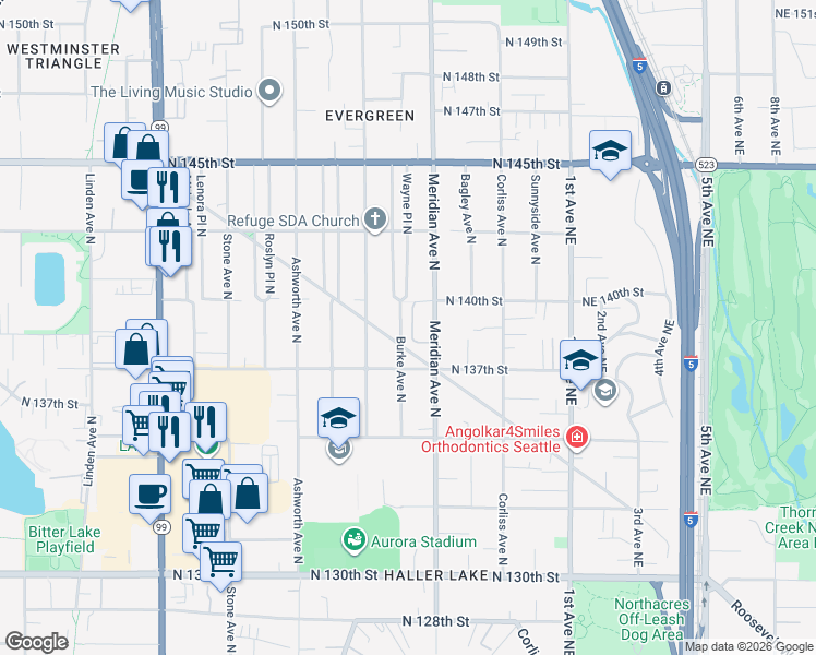 map of restaurants, bars, coffee shops, grocery stores, and more near 13751 Wayne Place North in Seattle