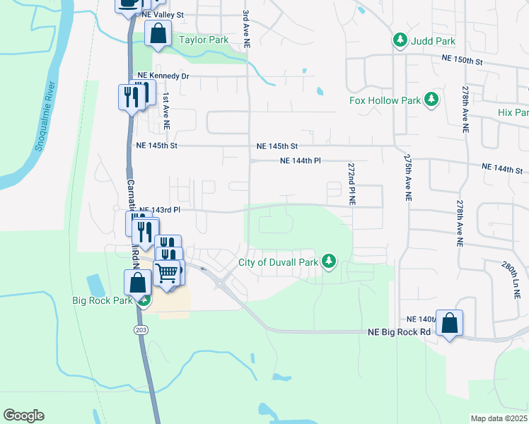 map of restaurants, bars, coffee shops, grocery stores, and more near 26854 Northeast 143rd Circle in Duvall