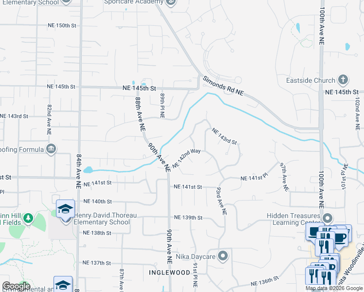 map of restaurants, bars, coffee shops, grocery stores, and more near 9127 Northeast 143rd Place in Kirkland