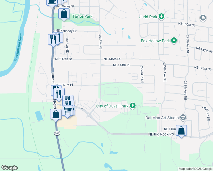 map of restaurants, bars, coffee shops, grocery stores, and more near 26833 Northeast 143rd Circle in Duvall