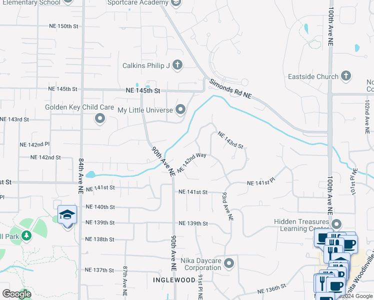 map of restaurants, bars, coffee shops, grocery stores, and more near 9127 Northeast 143rd Place in Kirkland