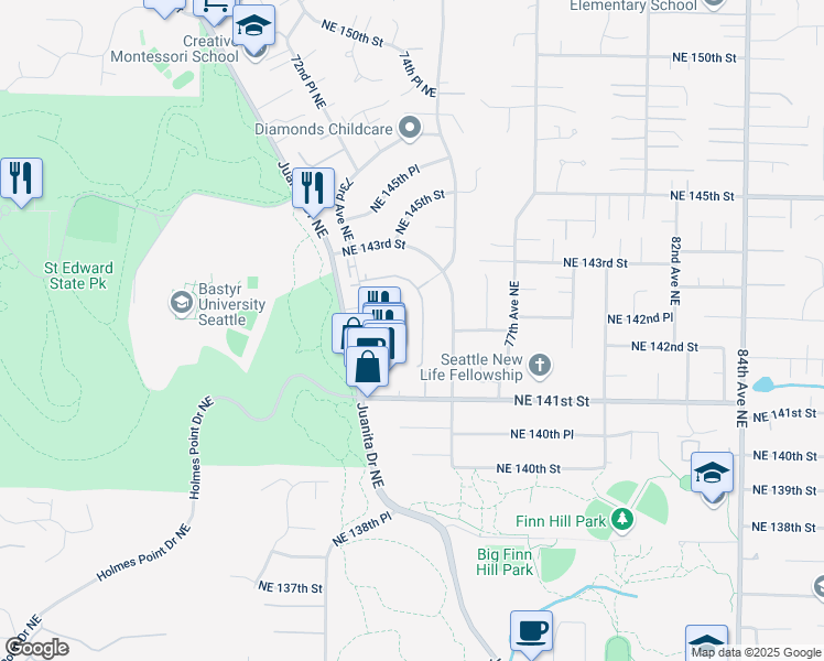 map of restaurants, bars, coffee shops, grocery stores, and more near 14142 73rd Place Northeast in Kirkland