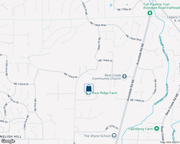 map of restaurants, bars, coffee shops, grocery stores, and more near 18515 Northeast 143rd Place in Woodinville