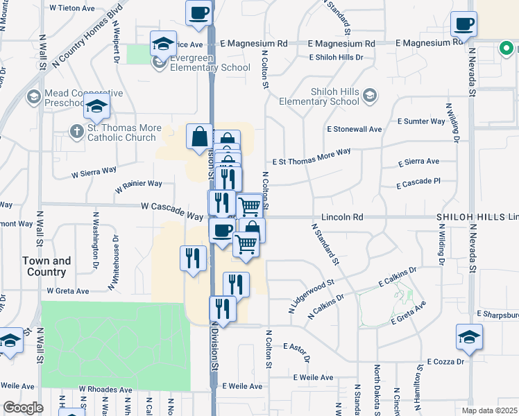 map of restaurants, bars, coffee shops, grocery stores, and more near 7923 North Colton Street in Spokane