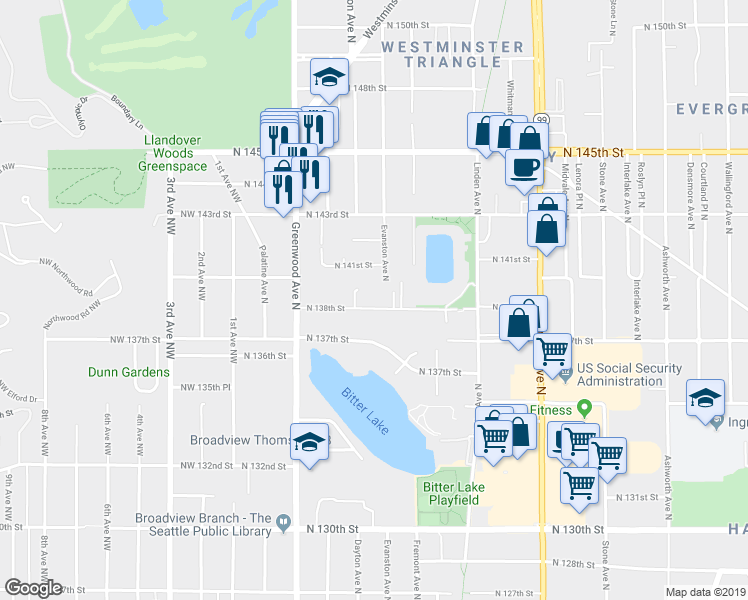 map of restaurants, bars, coffee shops, grocery stores, and more near 520 North 138th Street in Seattle