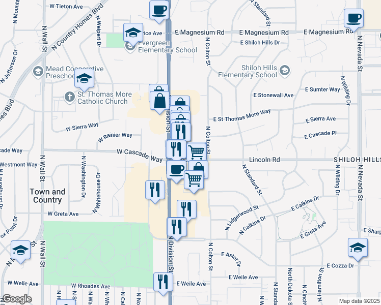 map of restaurants, bars, coffee shops, grocery stores, and more near 33 East Lincoln Road in Spokane