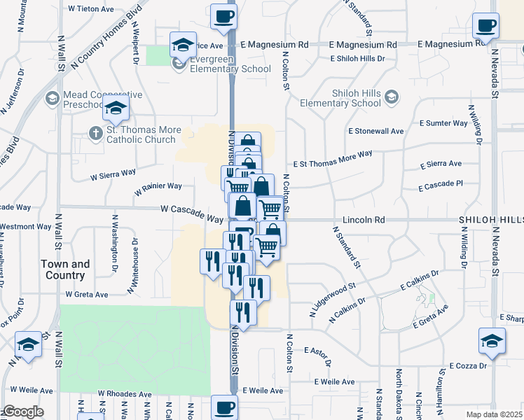 map of restaurants, bars, coffee shops, grocery stores, and more near 33 East Lincoln Road in Spokane