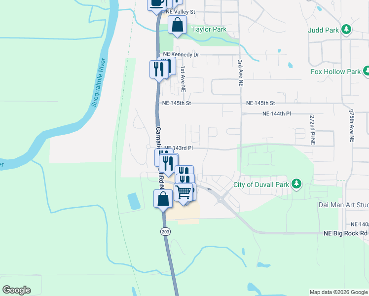 map of restaurants, bars, coffee shops, grocery stores, and more near 26532 Northeast 143rd Place in Duvall