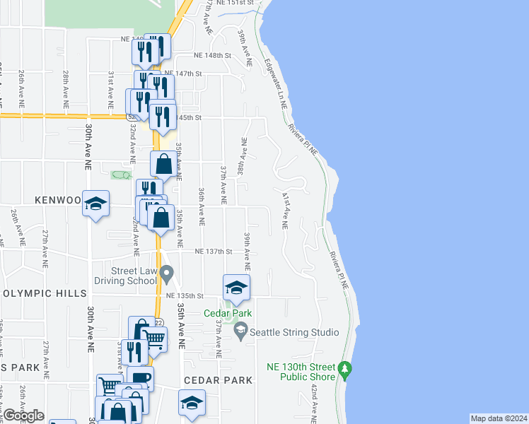 map of restaurants, bars, coffee shops, grocery stores, and more near 3923 Northeast 140th Street in Seattle