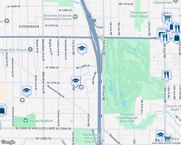 map of restaurants, bars, coffee shops, grocery stores, and more near 13925 Par Place Northeast in Seattle