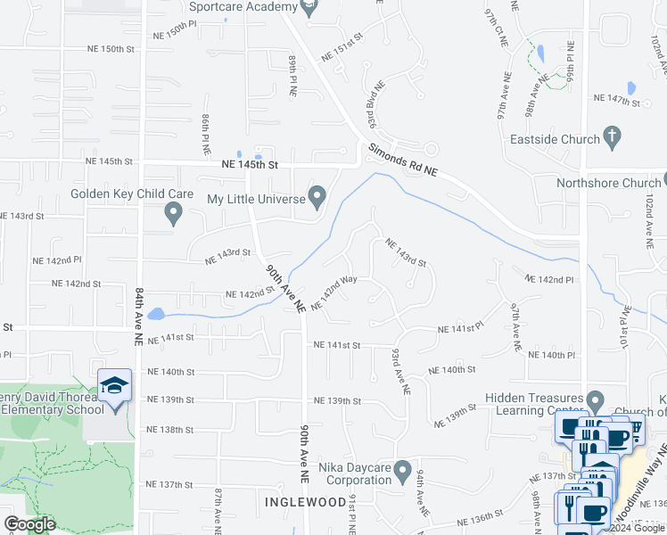 map of restaurants, bars, coffee shops, grocery stores, and more near 9127 Northeast 143rd Place in Kirkland