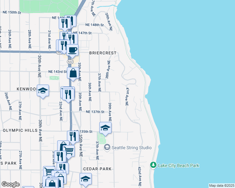 map of restaurants, bars, coffee shops, grocery stores, and more near 3923 Northeast 140th Street in Seattle