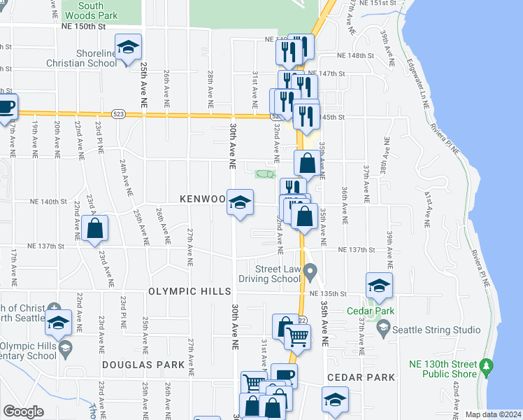 map of restaurants, bars, coffee shops, grocery stores, and more near 3029 Northeast 140th Street in Seattle